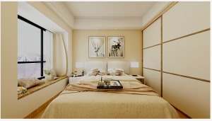 现代简约卧室60cm衣柜推拉门， 1.8×2.0米的床加上两个50cm的床头柜