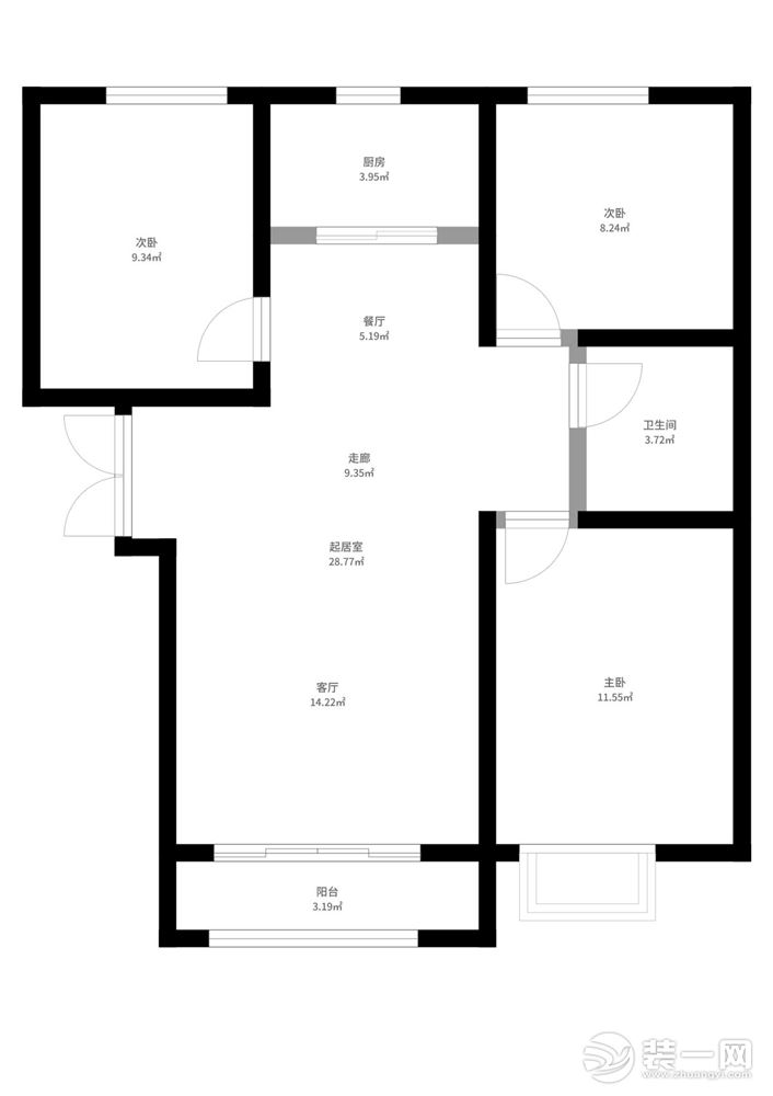 三室两厅，南北通透，主卧、次卧采光充足。厨房空间较窄，可以扩大纵向空间，与餐厅融为一体。