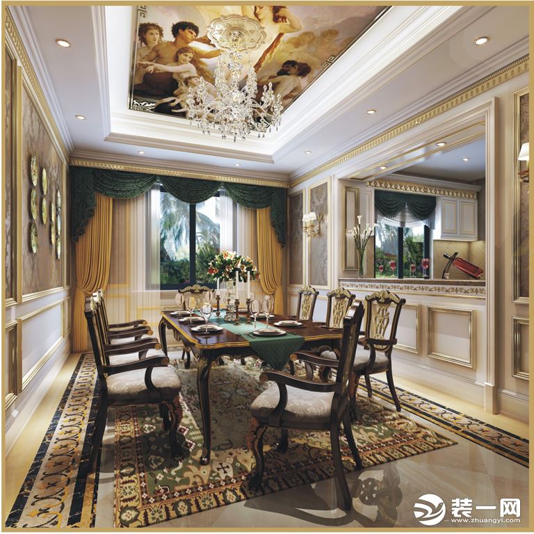餐厅采用了新古典特色顶面壁画，具有浓厚的文化气息。