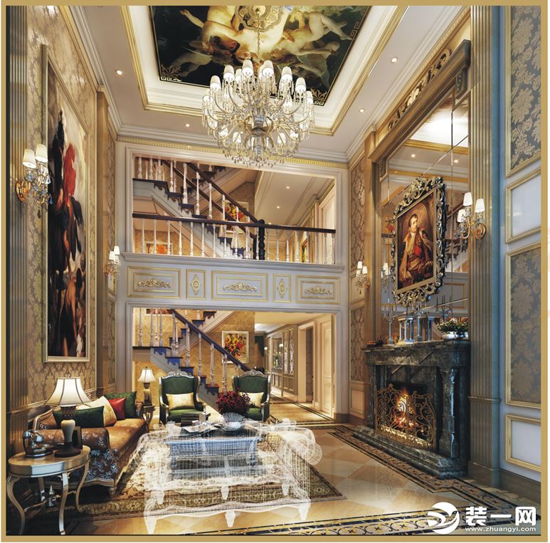 客厅挑高的空间，造型墙用了大面积的石材、新古典的壁纸、欧式的壁画。