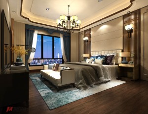 锦绣龙湾别墅新中式500平装修效果图二楼卧室效果图
