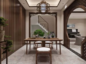 以中式家具装饰为载体，被赋予创意表达形式中，运用现代元素与中式意蕴的融合是对东方艺术文化的体现