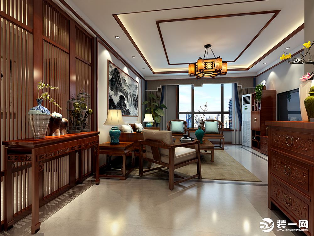 中式文化是一种传统的象征，更是一种身份的体现，客厅中的中 式家具与屏风，每件家具都是经过精雕细琢而