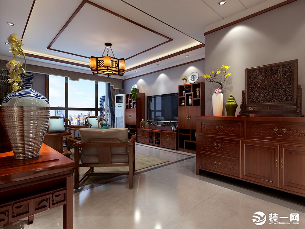   客厅中，顶面造型与餐厅顶面呼应，采用中式回字纹造型，并且 采用纯中式吊灯，与客厅中中式的红木家具