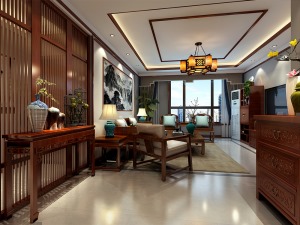 中式文化是一种传统的象征，更是一种身份的体现，客厅中的中 式家具与屏风，每件家具都是经过精雕细琢而