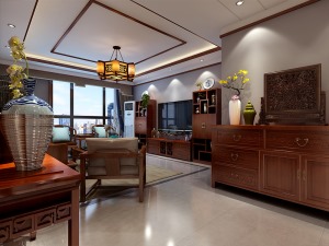   客廳中，頂面造型與餐廳頂面呼應，采用中式回字紋造型，并且 采用純中式吊燈，與客廳中中式的紅木家具