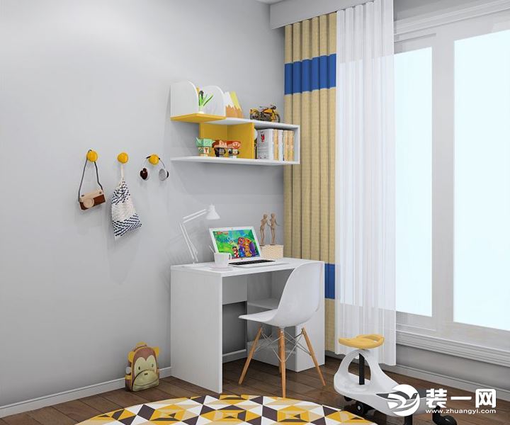 儿童房墙面采用深浅撞色搭配，给人以比较放松的氛围，整个空间分为：睡眠，学习，储物，玩耍，四大区域