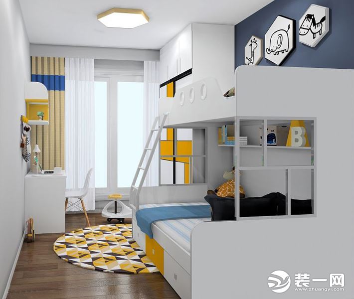 儿童房墙面采用深浅撞色搭配，给人以比较放松的氛围，整个空间分为：睡眠，学习，储物，玩耍，四大区域