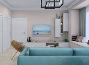 整体设计以杏色墙面搭配浅色地砖魏基色，再点缀以蓝色沙发，营造一种简约而不失层次的现代感