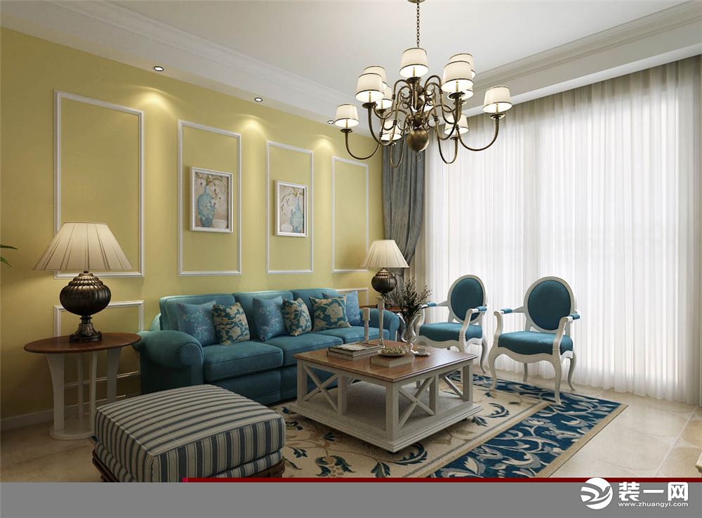 海口南国威尼斯80平地中海风格-客厅效果图+石膏线沙发背景
