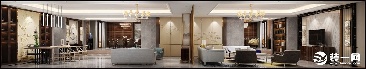 惠州广建南方装饰富力中心500平方轻奢风格中西客厅效果图