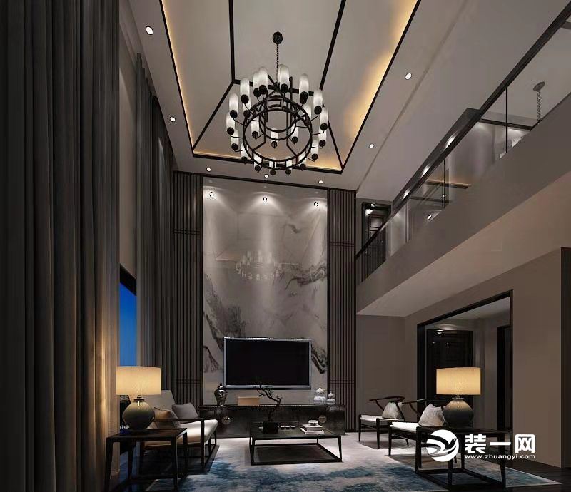 惠州广建南方装饰海伦春天叠墅320平新中式风格客厅效果图案例