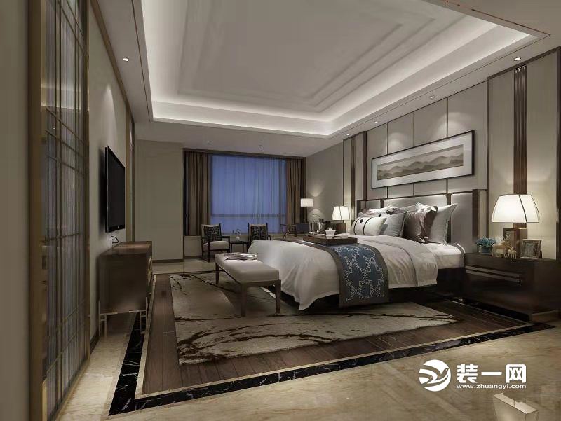 惠州广建南方装饰海伦春天叠墅320平新中式风格卧室效果图案例