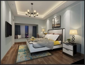 卧室以灰蓝色调为主，风景画透出舒适怡人的古雅气质，独特的灯光和精致的装饰摆件，更丰富了空间的层次感，