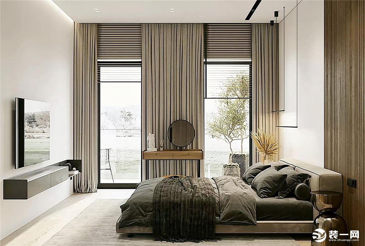 卧室内，最具特色的当属床头墙面的设计，白色背景墙与深棕色的衣柜各占半壁，互相中和了彼此的色彩。