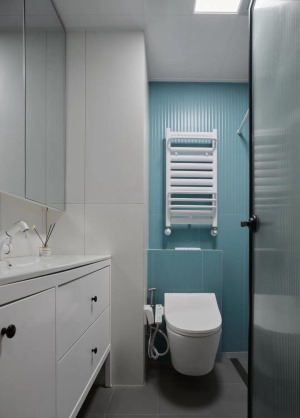 卫生间：淋浴房做的无挡水设计，浴帘+加长地漏的形式，无障碍化处理