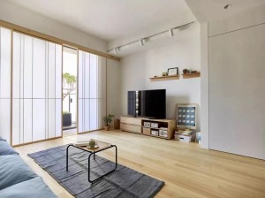 客厅的电视背景墙同样是大面积的留白。阳台和客厅之间设计了一个日式风感觉的推拉门感觉门外就是一个庭院。