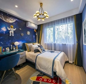 太空元素的儿童房，使空间每一个细节都充满童趣梦幻的氛围，独特的色彩让房间显得生动有趣。