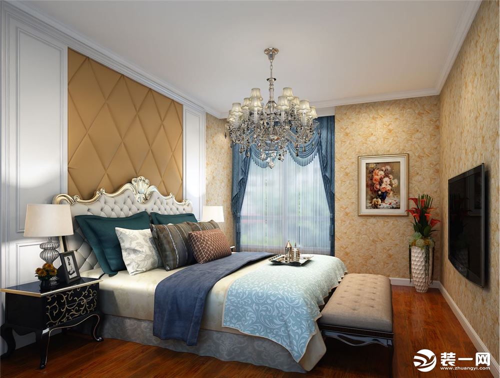 卧室床头背景做了硬包装饰，给人温馨的感觉，墙面墙纸装饰，给人视觉上一种舒适感