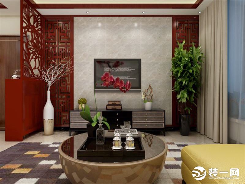 客厅电视墙石家庄筑庭装饰天玺名著124平中式风格装修案例图