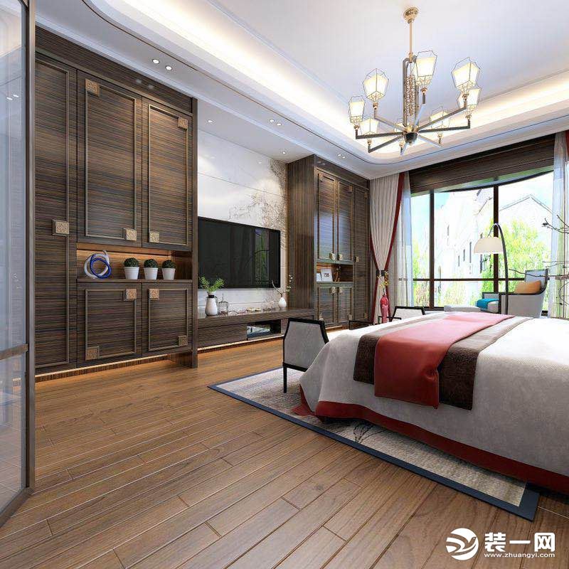 西宁新千国际260平五居室新中式风格主卧电视柜装修