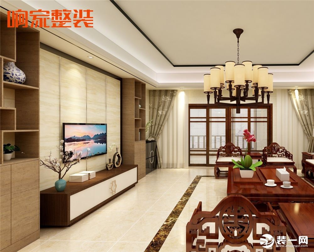 4、新中式风格客厅电视背景墙空间设计效果图