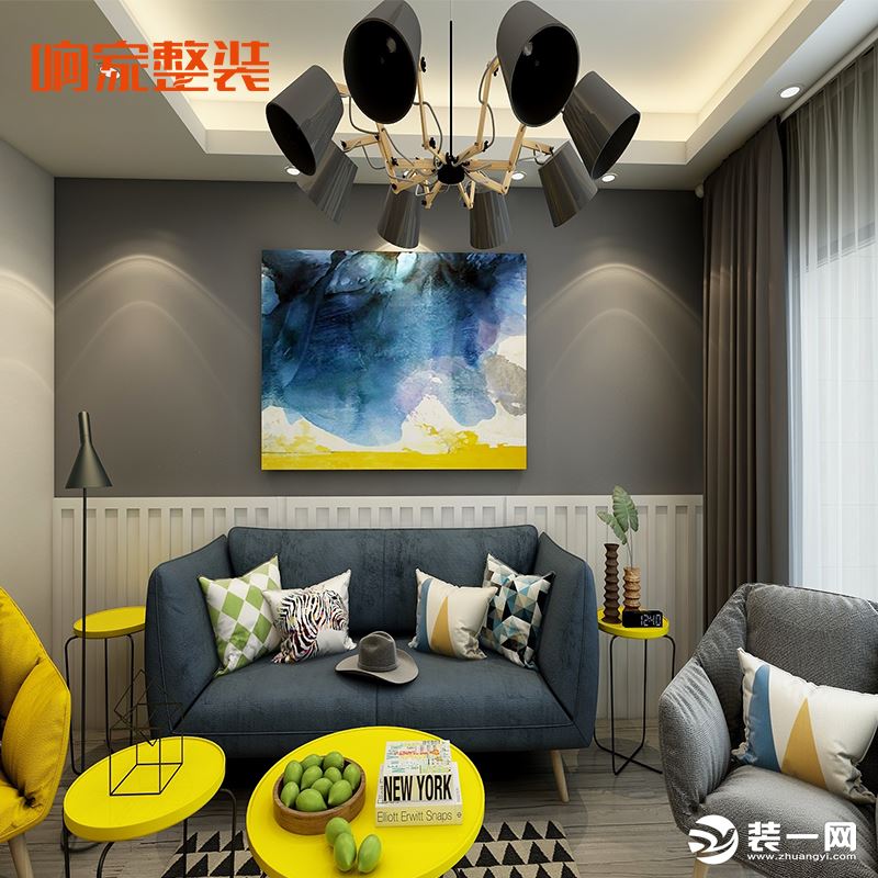 空间墙体是北欧灰色系，为了让家变得更有活力，所以沙发背景墙选择了亮色油画，软装搭配加入了亮黄色的家具