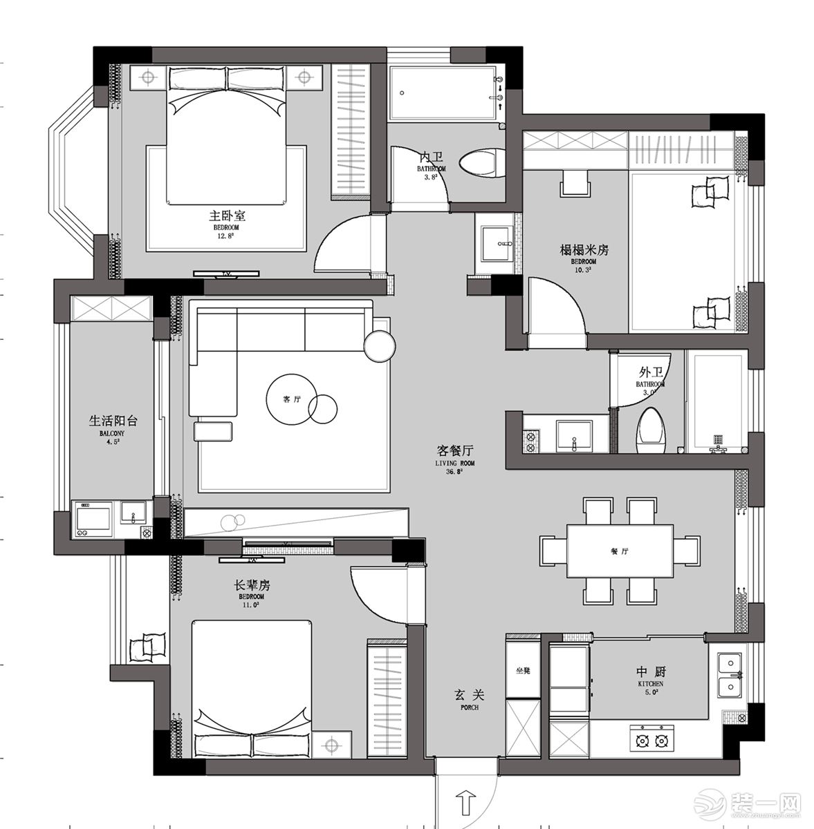 无锡立人花园140平三居室简约风格户型图