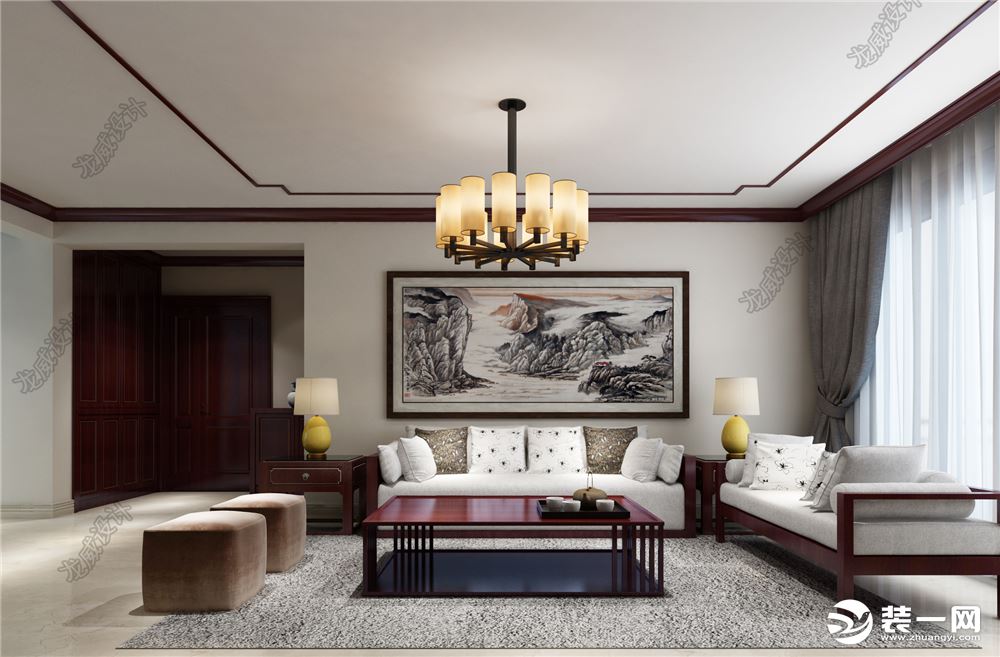 新中式客厅效果图--沙发背景墙