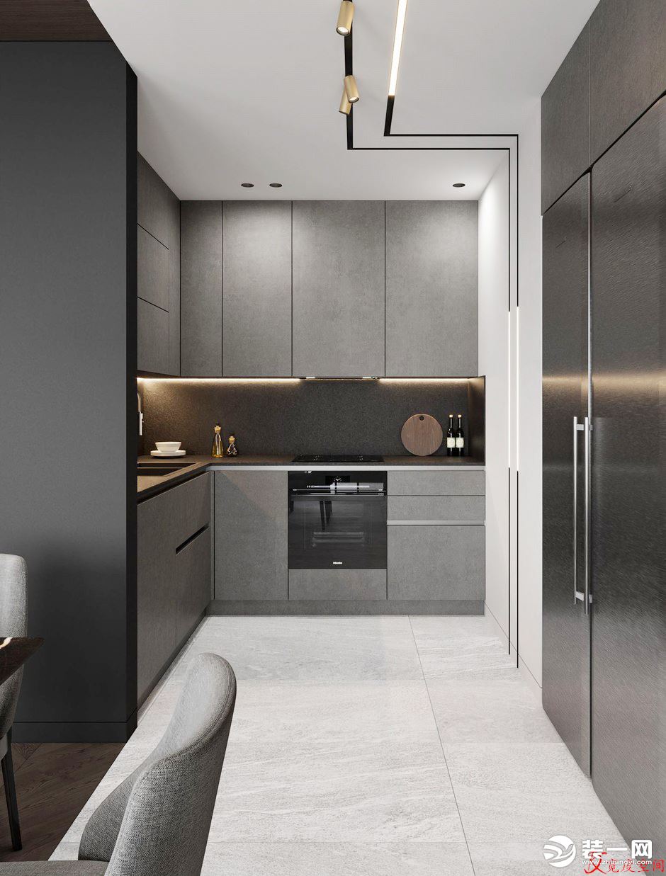 灰色系的厨房 空间结构简洁，整洁而富有层次感，材质的纯粹也使得空间更为的简洁和现代。