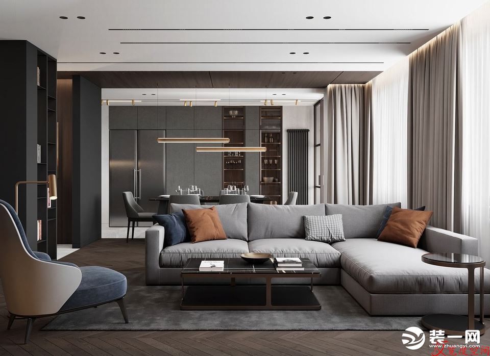 客厅整体空间为中性色系，线条简洁硬朗，简约灰的背景色，奠定了空间低调的质感、优雅的基调。