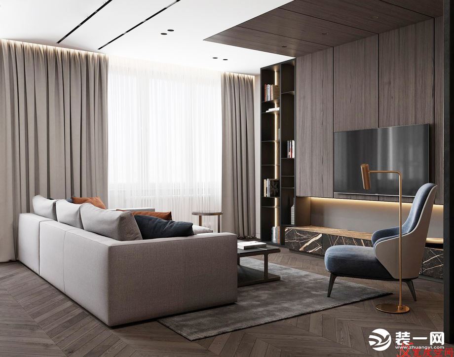 现代风十足的家居，柔软舒适的布艺沙发，设计师将材料、色彩、灯光及元素进行简化。