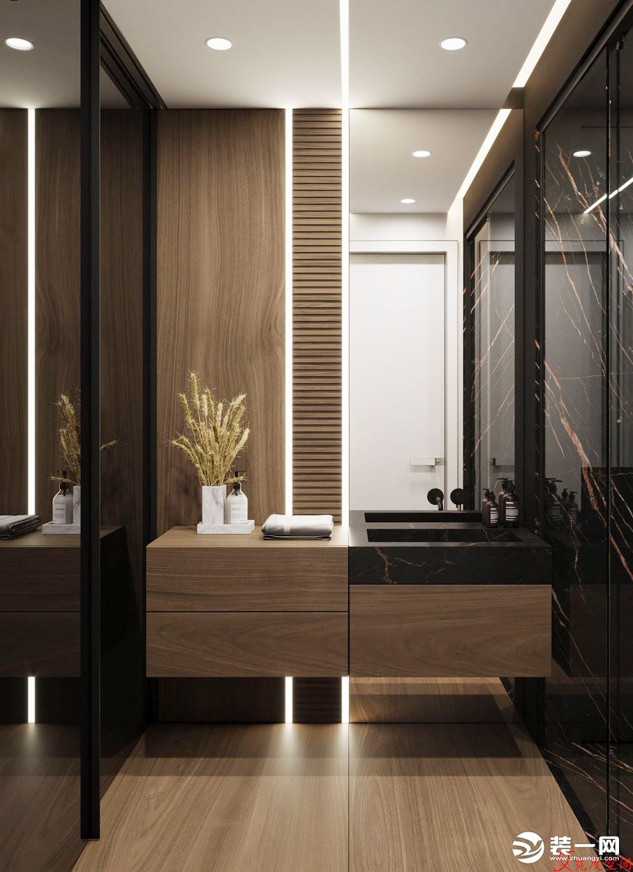 卫生间的设计  设计师通过黑色大理石和木质，既扩大了视觉空间又与整个风格十分搭调。