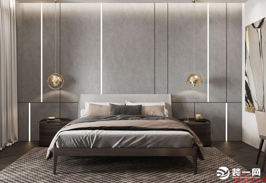 主卧延续简约格调，灰色床品将颜色柔和过度，空间如同挥毫泼墨般简明有力。
