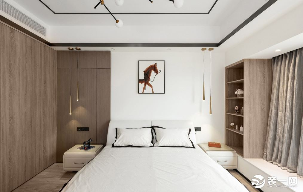 主卧旨在营造淡雅舒适的睡眠空间，墙面是浅棕色木饰面板与细腻白墙的结合，利用装饰画简单的点缀。