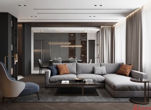 客厅整体空间为中性色系，线条简洁硬朗，简约灰的背景色，奠定了空间低调的质感、优雅的基调。