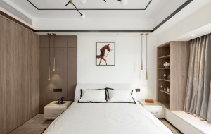 主卧旨在营造淡雅舒适的睡眠空间，墙面是浅棕色木饰面板与细腻白墙的结合，利用装饰画简单的点缀。