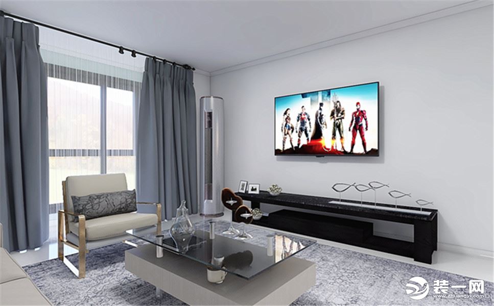 客厅电视背景墙使用了最简单的款式，使得客厅宽阔舒适。