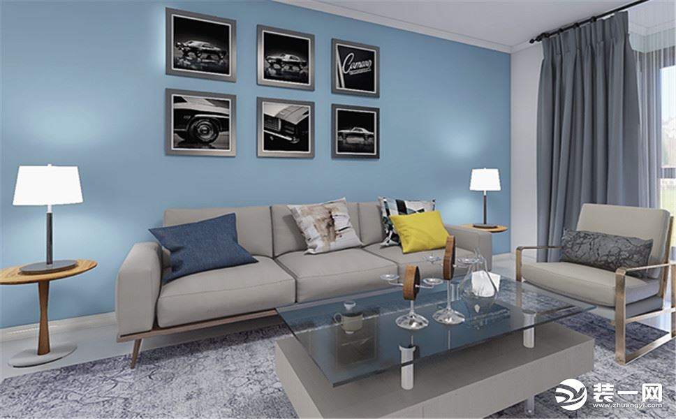 客厅是交友娱乐中心，背景墙采用蓝色使人心情愉悦。