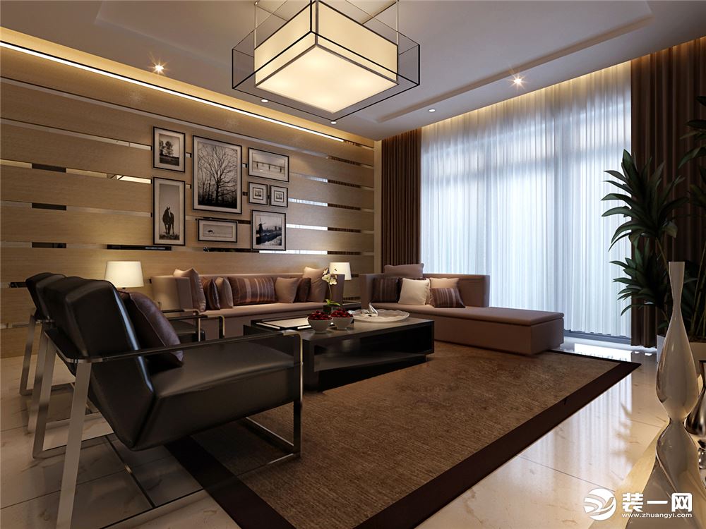 客厅家具沙发选用皮质，给人厚重成熟的事业感，灯光的单温感也给人一种舒适温暖的安全感。