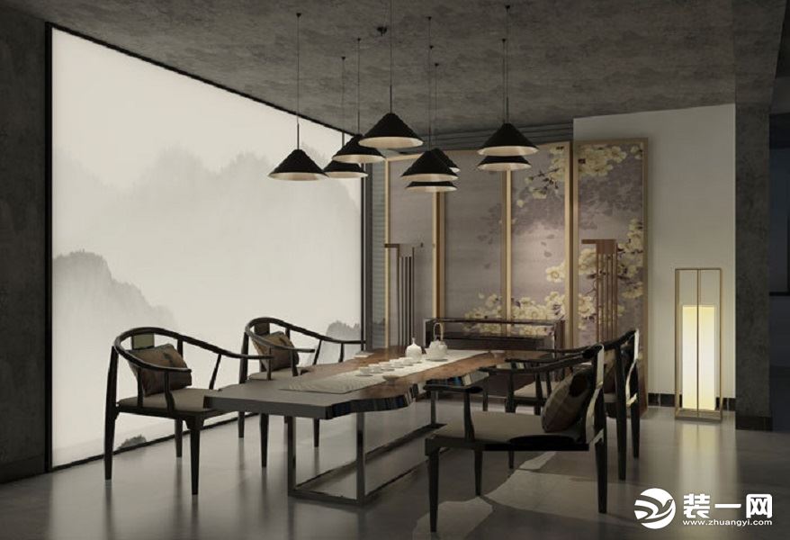 茶室以水墨画背景墙、屏风营造出雅静的氛围，木色茶桌和白色茶具，干净舒爽。