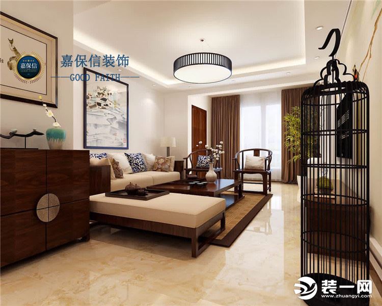 华夏山海城123平三居室新中式风格-客厅效果图-设计师预约电话（微信）15634361234