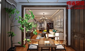 中式风格，主要采用棕色的家具，阳台处放置茶桌与一株绿植形成休闲区，客厅装饰画采用山水画，背景墙为荷花
