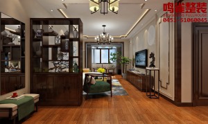 中式风格，主要采用棕色的家具，阳台处放置茶桌与一株绿植形成休闲区，客厅装饰画采用山水画，背景墙为荷花
