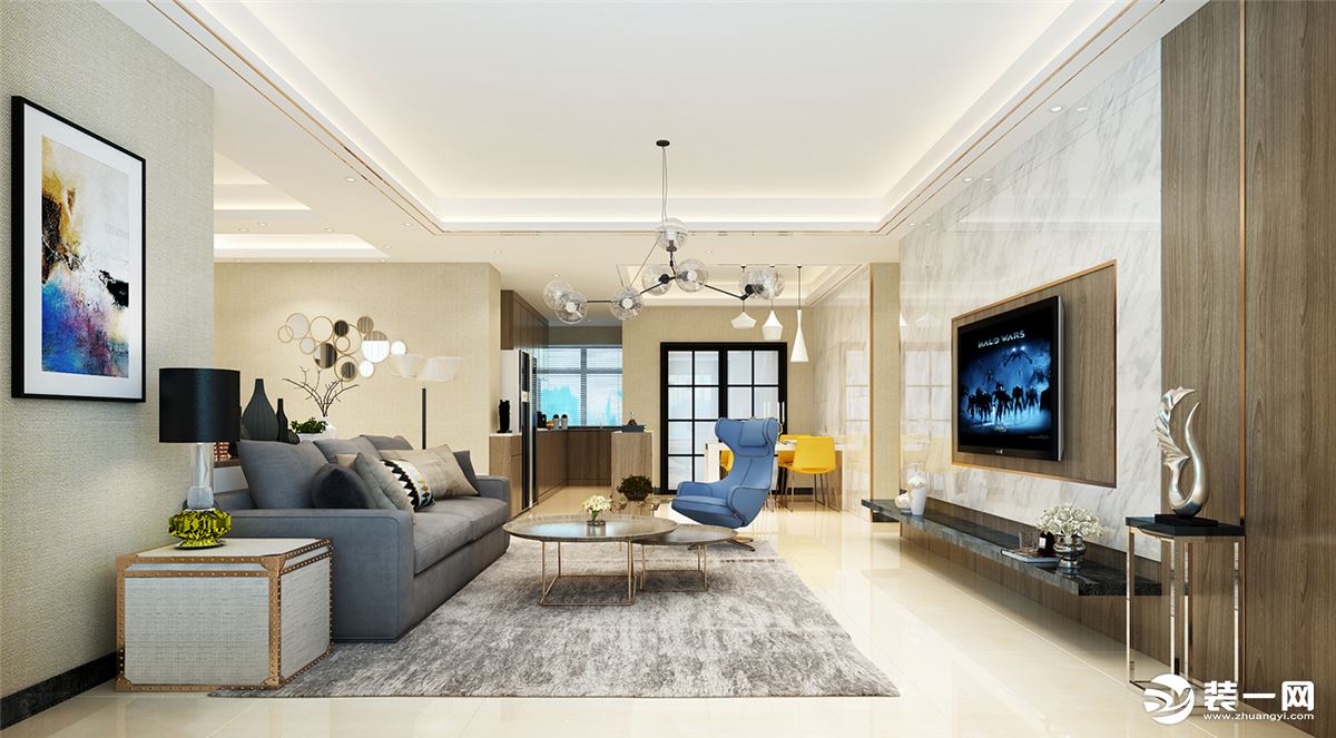 珠海恒隆御水岸140平三居室现代风格客厅装修效果图