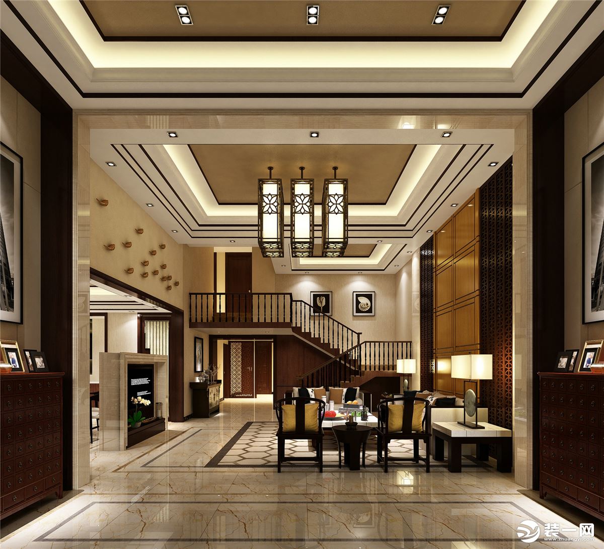 珠海景山名园433平别墅新中式风格客厅装修效果图