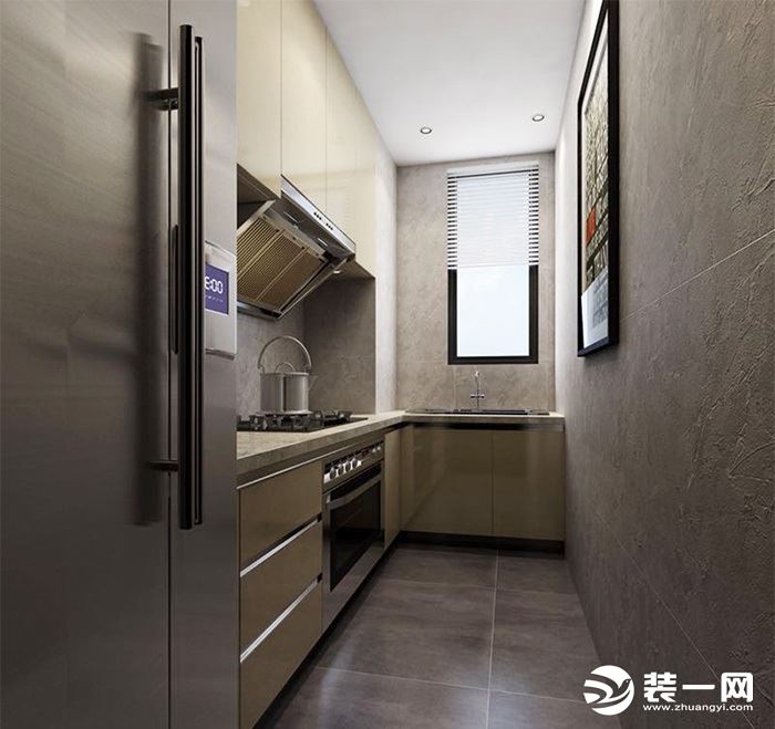 厨房：进门左手边双开门冰箱，抽烟机上方做的是吊柜，节省空间又美观。