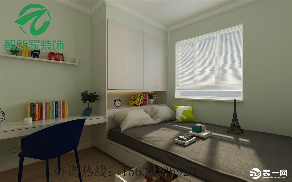 卧室墙壁采用淡绿色，弥补大面积白色墙面与白色家具形成的冷清。