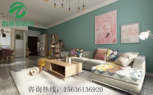 绿色作为主色，客厅沙发背后一面墙壁选择绿色能够令人心情平缓，舒适感强。
