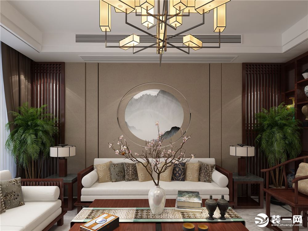 熙龙湾280平复式中式风格效果图客厅沙发背景